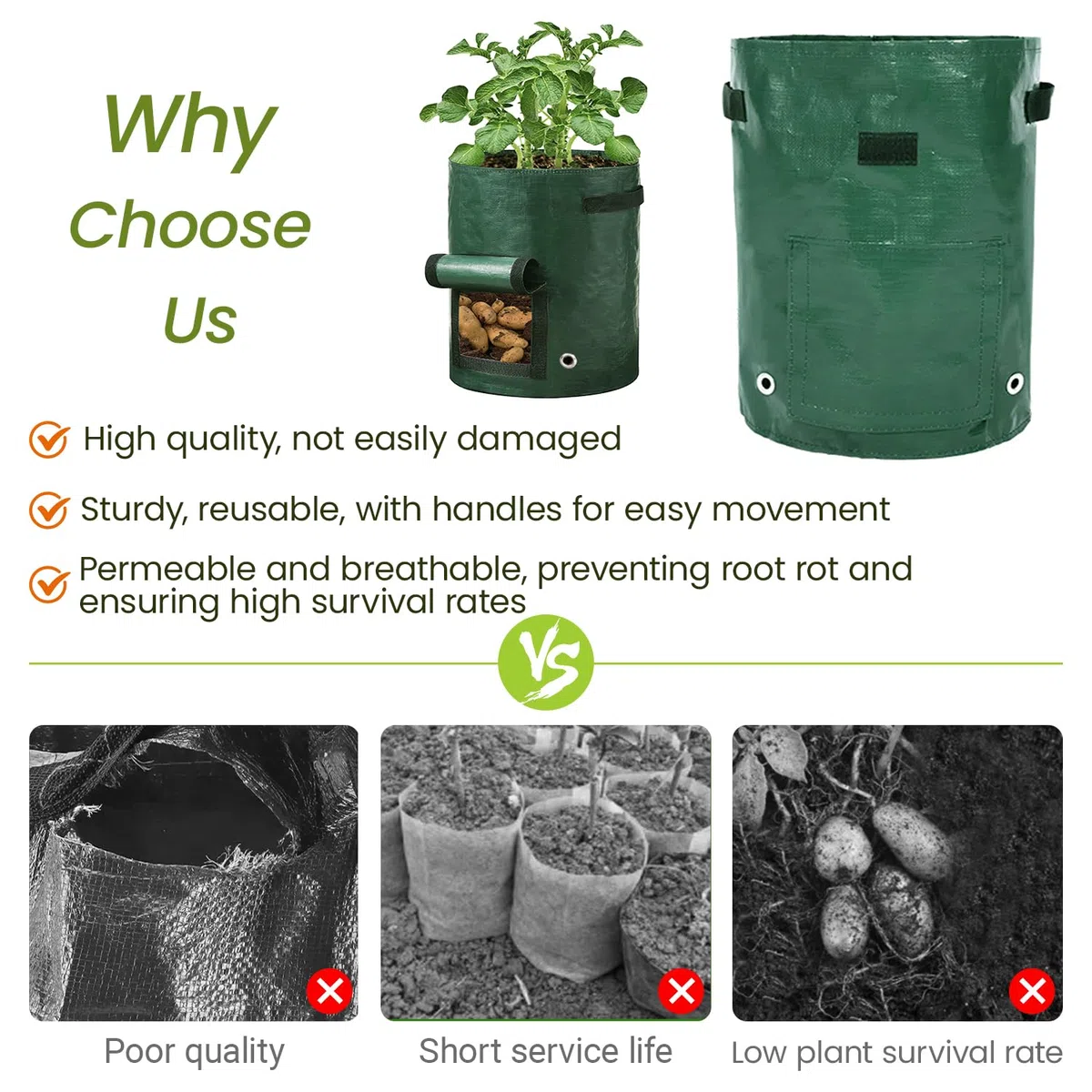 4 Pièces Sacs de Plantation de Pommes de Terre, 10 Gallons Sacs Culture Plantes Respirant, Sacs à Plantes avec Poignée et Fenêtre d'observation pour Pommes de Terre, Carottes, Tomates