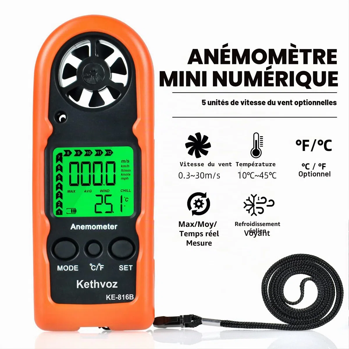 Mini Anemometre Portable VMC, Kethvoz Exterieur Jauge de Vitesse du Vent Numérique avec Max/AVG/Valeur Actuelle Mesure 0~30 m/s Débit d'Air Vitesse et Température KE-816B