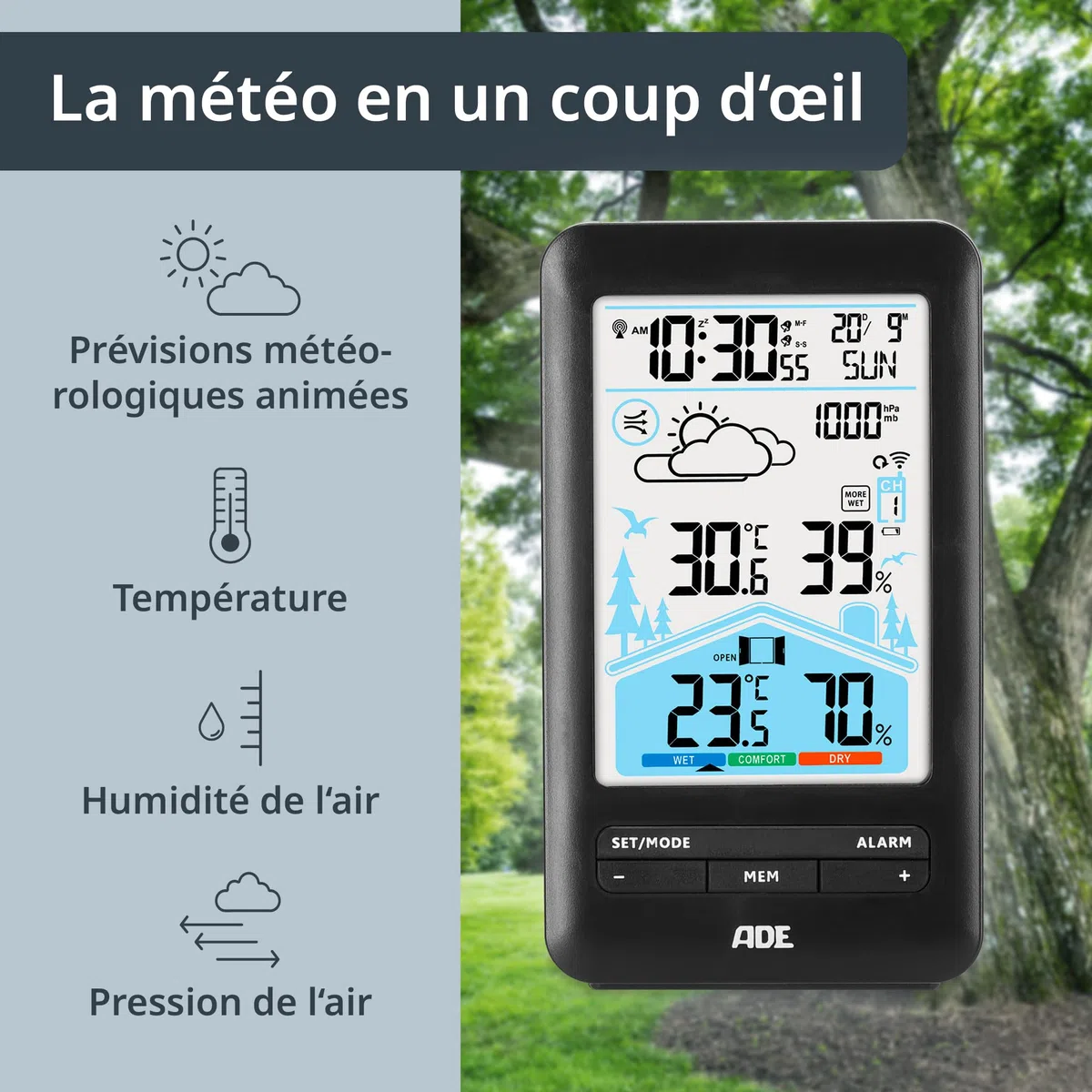 ADE Station méteo numérique avec capteur extérieur | Thermomètre, hygromètre, baromètre | Horloge radio-pilotée avec double alarme | Prévisions météo animées | Grand écran couleur LCD