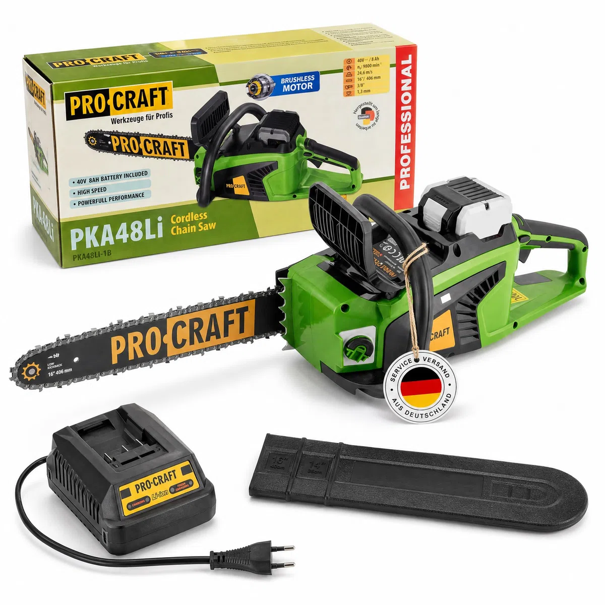 Procraft PKA48Li Tronçonneuse sans fil 40 V 406 mm Brushless + 1 batterie 8,0 Ah + chargeur