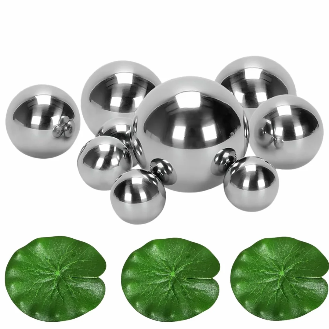 Lot de 9 boules flottantes argentées avec 3 feuilles de lotus flottantes pour mini étang, terrasse, bassin, fontaine solaire, jardin, balcon, bassin, décoration