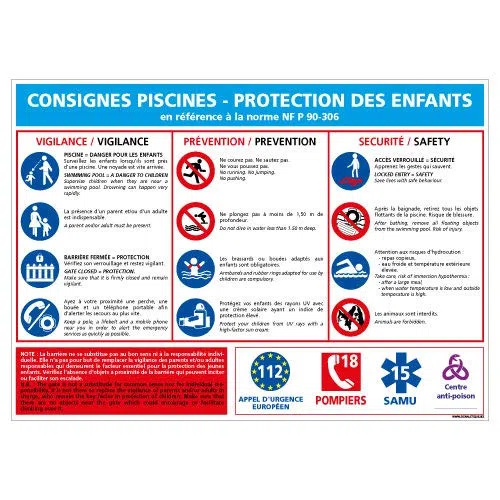 Panneau - Consignes Piscine Protection Enfants - Plastique rigide PVC 1,5 mm - Dimensions 300 x 210 mm - Protection Anti-UV