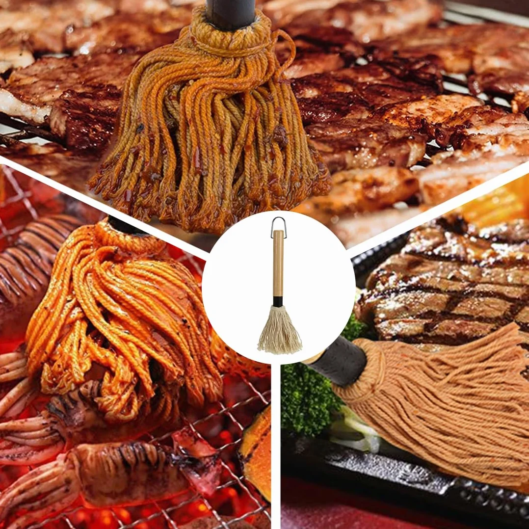 WUSJCOF Pinceaux pour Barbecue, 1 pièce, Brosse Professionnelle Sauces et Marinades, Manche en Bois Long (18 cm), 2 de Rechange Supplémentaires, BBQ MOP Cuisson et Cuisine Badigeonner