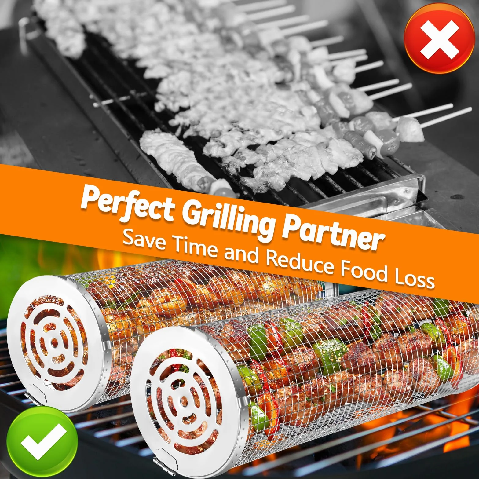 Farerkass Panier à Griller Roulant, 2 Pièces Panier de Barbecue en Acier Inoxydable, Panier de Grillage Enroulable avec Poignée, Accessoires de Barbecue pour Légumes Viande