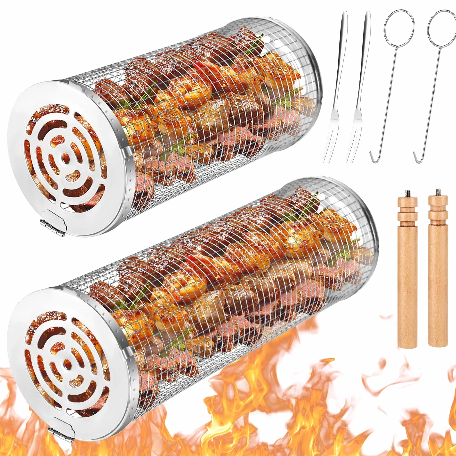 Farerkass Panier à Griller Roulant, 2 Pièces Panier de Barbecue en Acier Inoxydable, Panier de Grillage Enroulable avec Poignée, Accessoires de Barbecue pour Légumes Viande