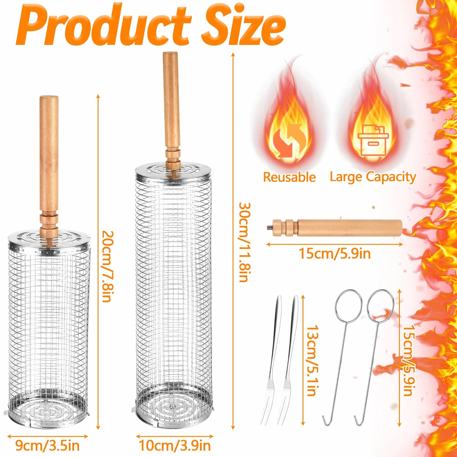 Farerkass Panier à Griller Roulant, 2 Pièces Panier de Barbecue en Acier Inoxydable, Panier de Grillage Enroulable avec Poignée, Accessoires de Barbecue pour Légumes Viande