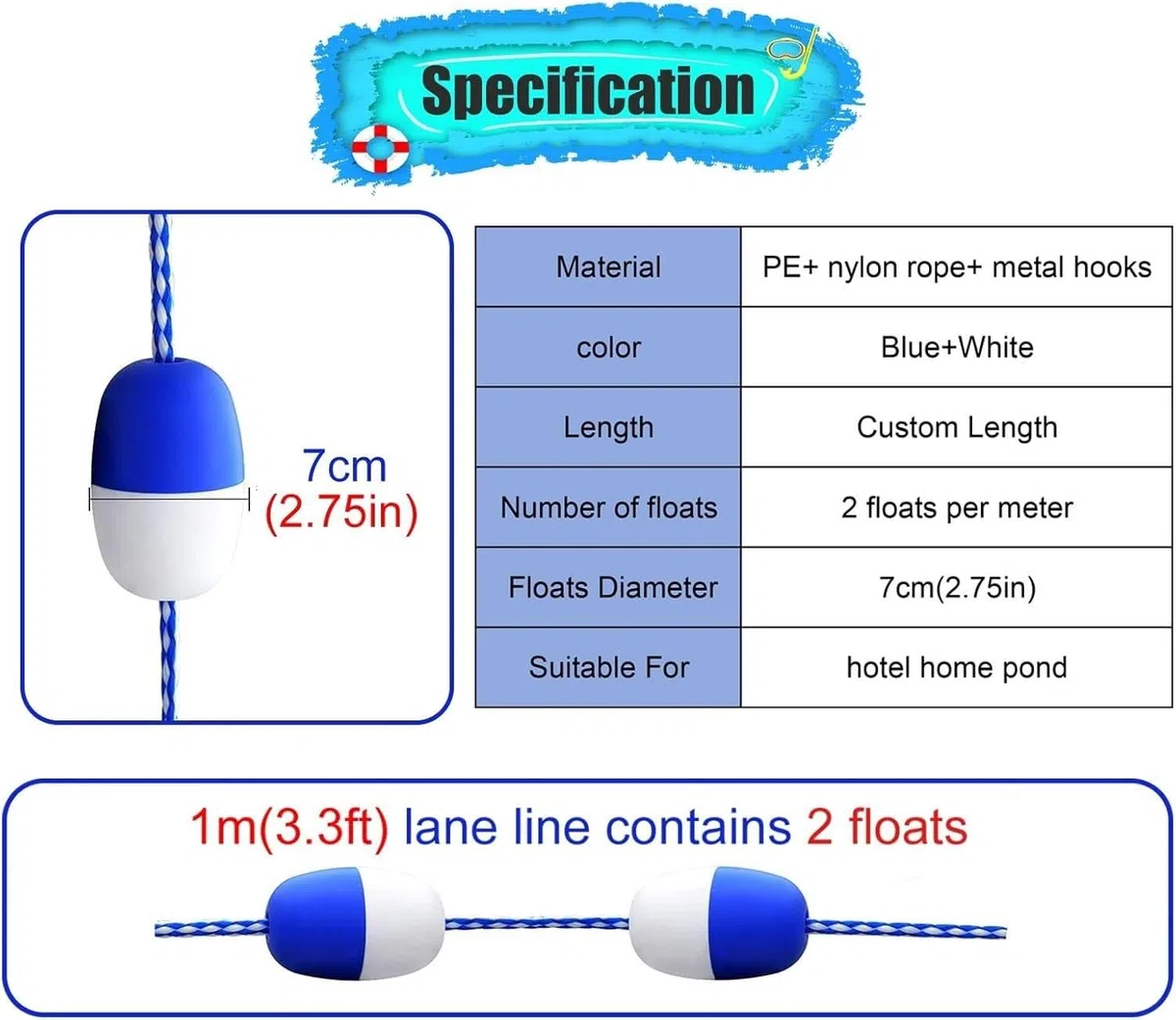 Séparateurs de sécurité flottants for piscines, lignes couloirs piscine bleues et blanches(12m)