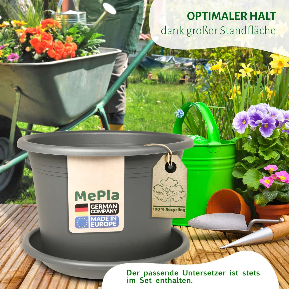MePla - Pot de fleurs cylindrique Ø 25 cm + soucoupe Ø 24 cm, anthracite, résistant aux intempéries en plastique résistant aux UV