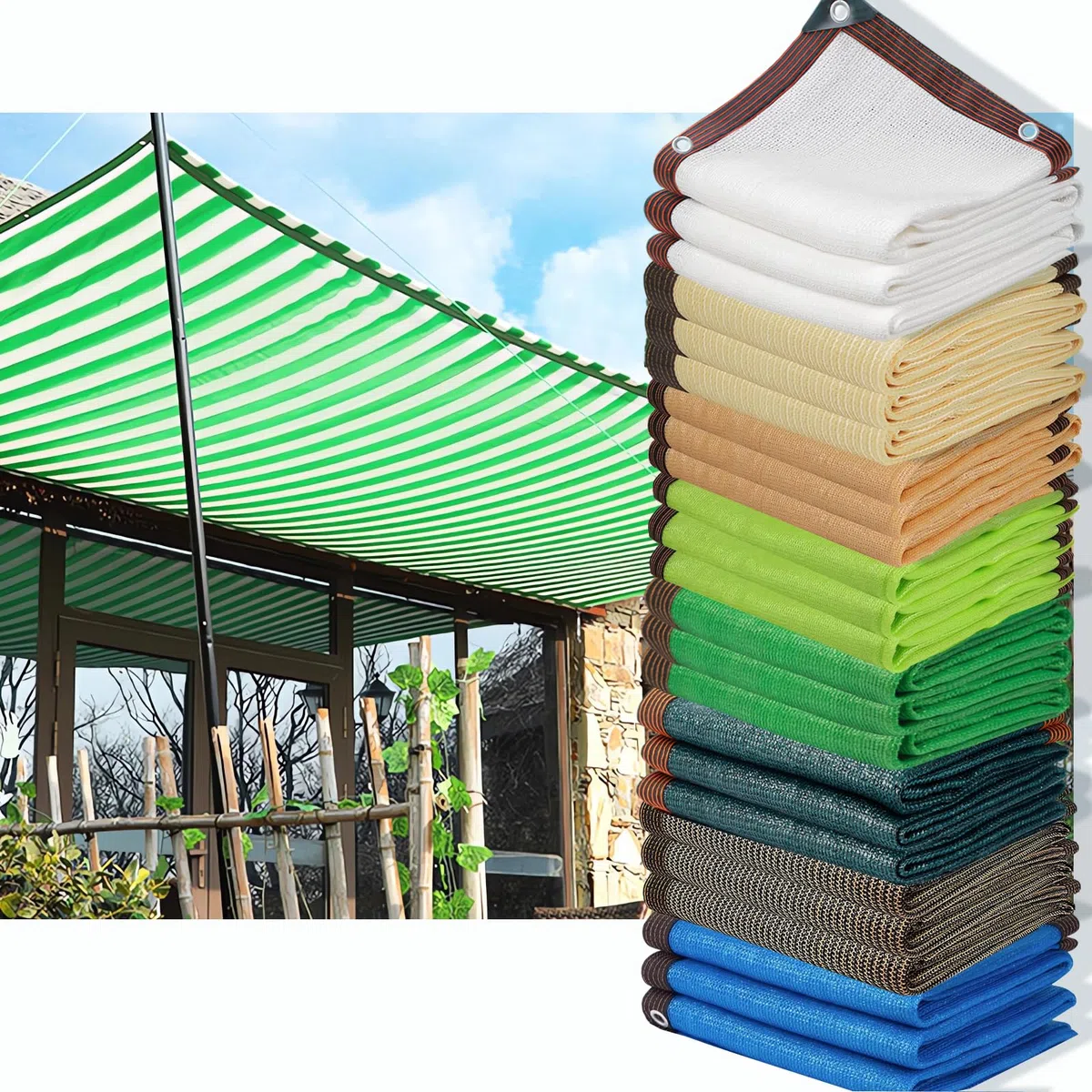 Auvent d'extérieur avec œillets – Abri à rayures vertes et blanches de 5 x 7 m pour jardin, terrasse et événements – Housse imperméable durable pour protection contre le soleil et la pluie
