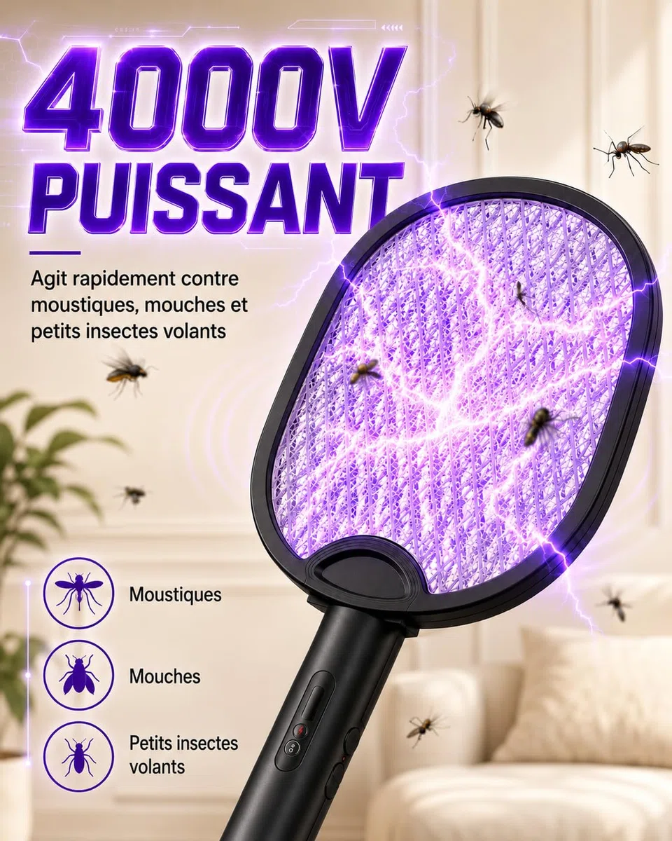 WOCVRYY Raquette Moustique Electrique Insectes 4000V - Pliable USB-C Rechargeable 1800mAh Electric Insect Racket Tapette à Mouche Électrique Murale - Noir
