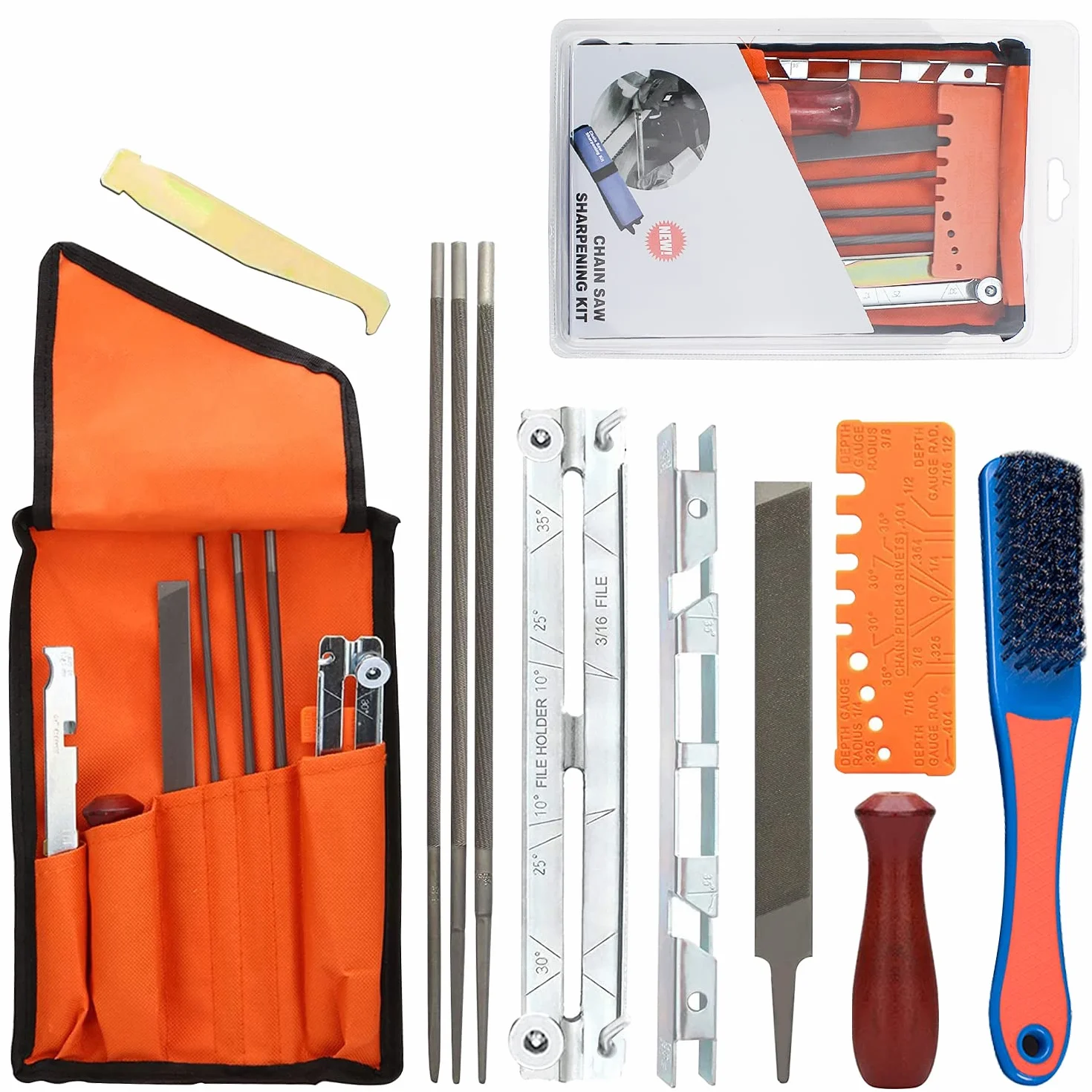 Affuteuse de Tronçonneuse Professionnel Kit d'Affûtage Universel pour Tronçonneuses 11 Pièces Kit Affutage Chaine Tronçonneuse avec Limes Rondes,Lime Plate, Manche, Guide de Lime et Pochette