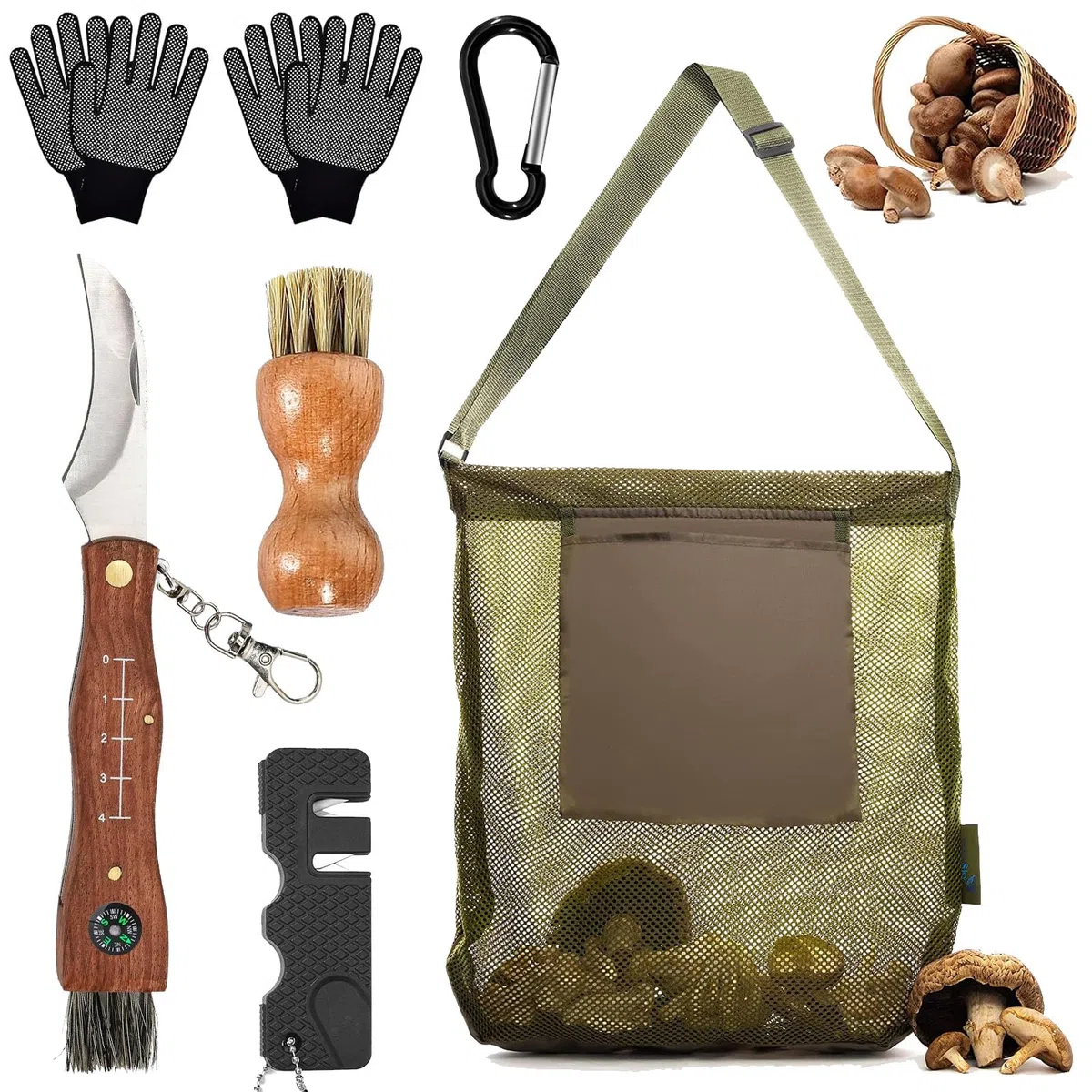 Couteau à Champignons avec Brosse,Sac de Cueillette de Champignons,Couteau mycologique,pour Les Cueilleurs de Champignons,Camping,Randonnée