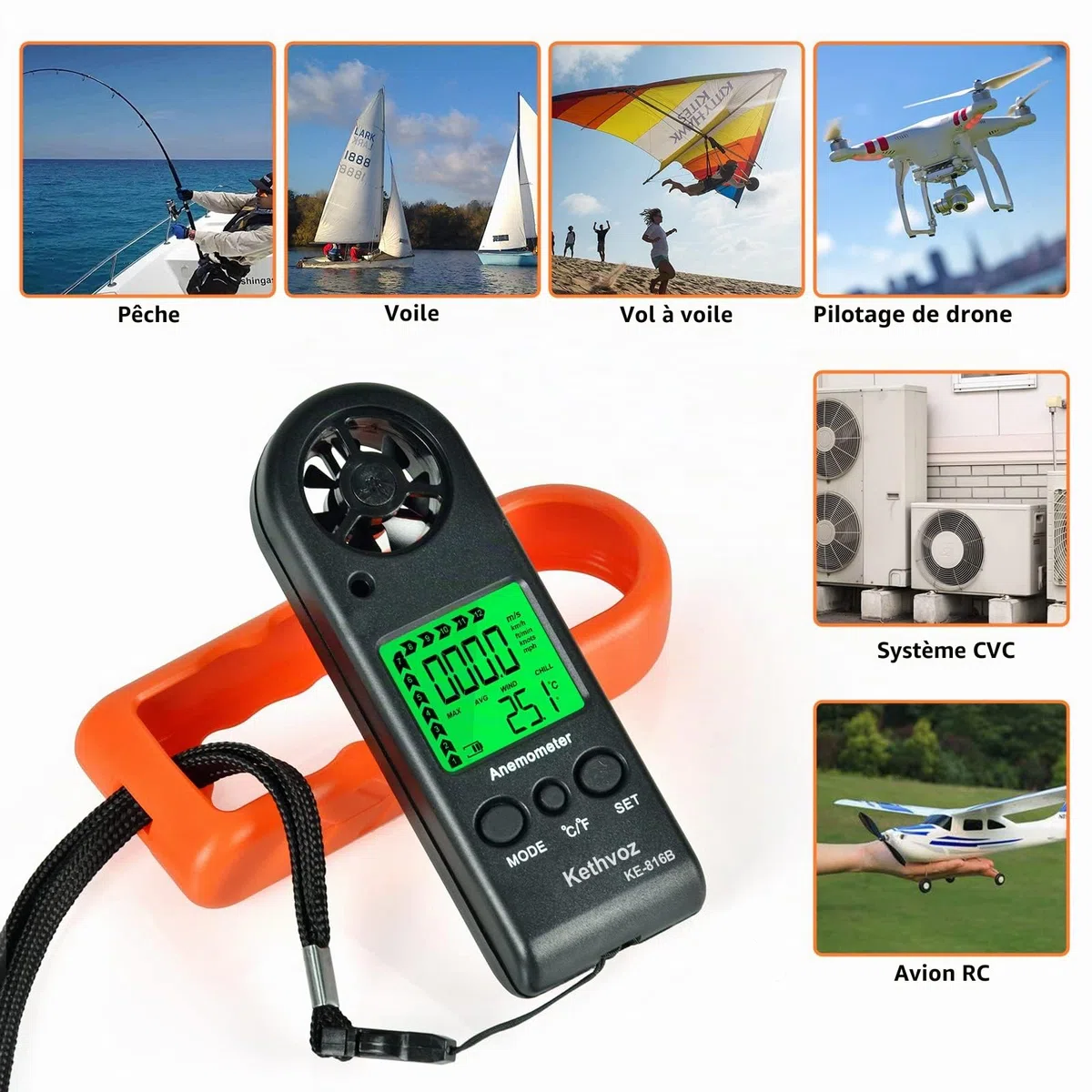 Mini Anemometre Portable VMC, Kethvoz Exterieur Jauge de Vitesse du Vent Numérique avec Max/AVG/Valeur Actuelle Mesure 0~30 m/s Débit d'Air Vitesse et Température KE-816B