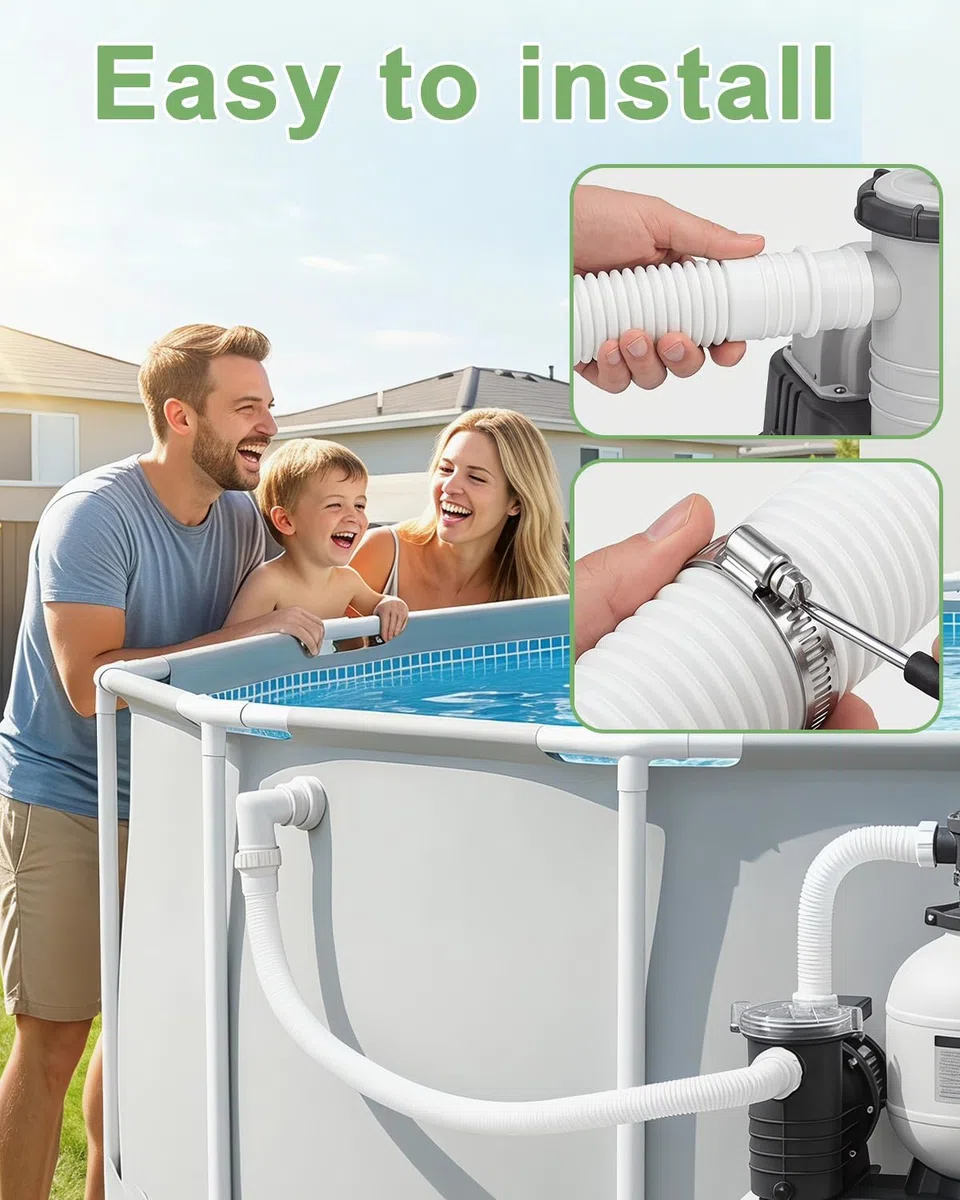 2Pcs Tuyau Piscine 32mm, 150cm Tuyau de Rechange avec 4 clips de fixation et 1 raccord, pour Piscine et Pompe de Filtration