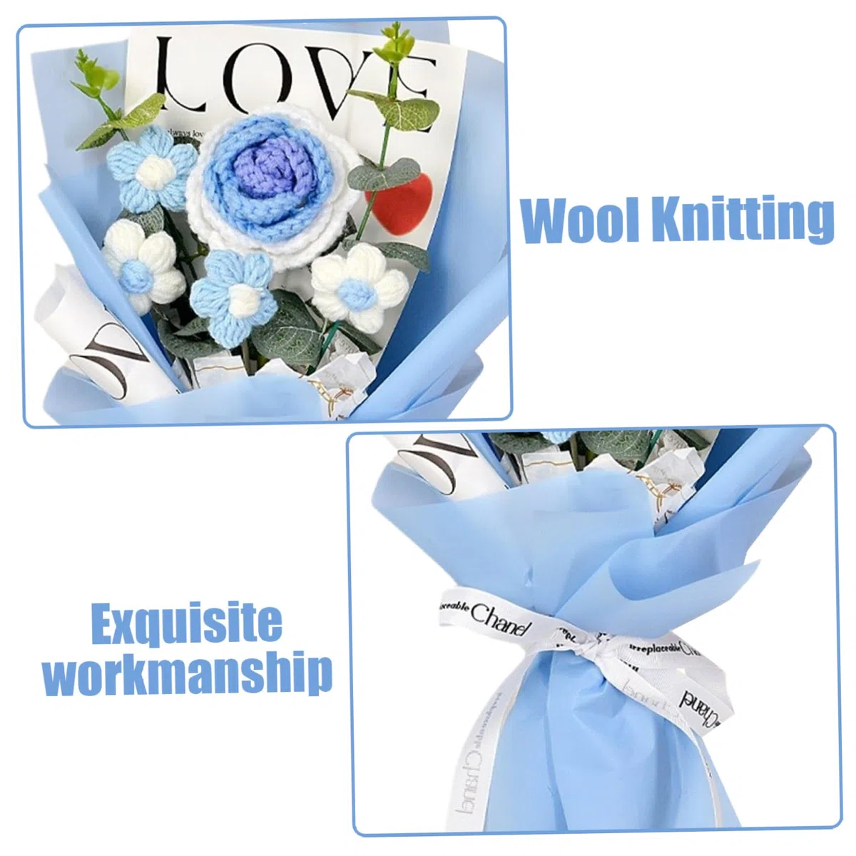 Bouquet de fleurs au crochet, 7,9 x 11,8" roses au crochet, 5 têtes de fleurs tricotées, bouquet de fleurs au crochet pour mariage, Saint-Valentin, anniversaire, fête des mères, fleurs tricotées bleue