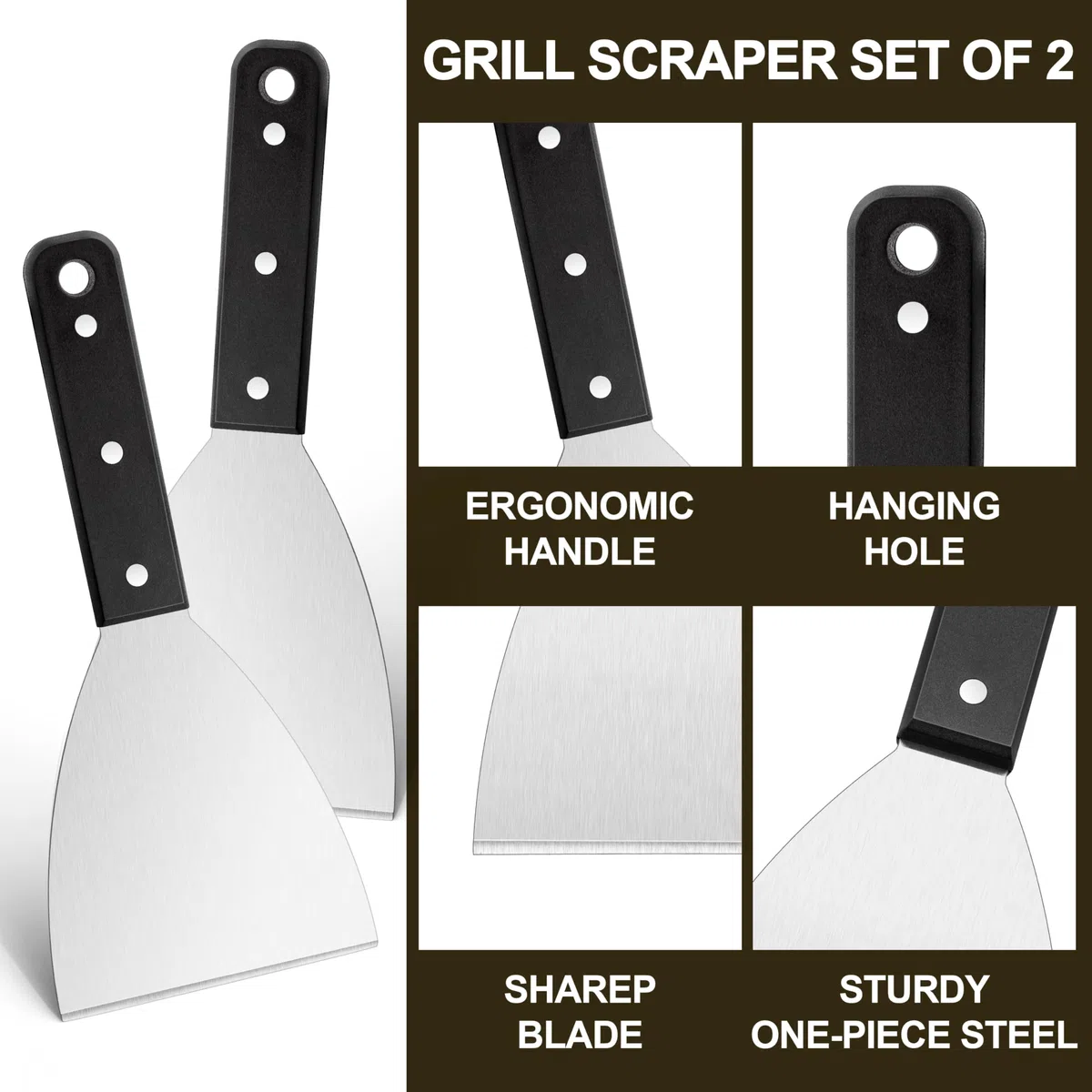 Herogo Lot de 2 grattoirs en acier inoxydable avec poignée noire pour barbecue, hamburger, steak, cuisine, pour griller la viande Teppanyaki, nettoyer la poêle à griller, durable et passe au