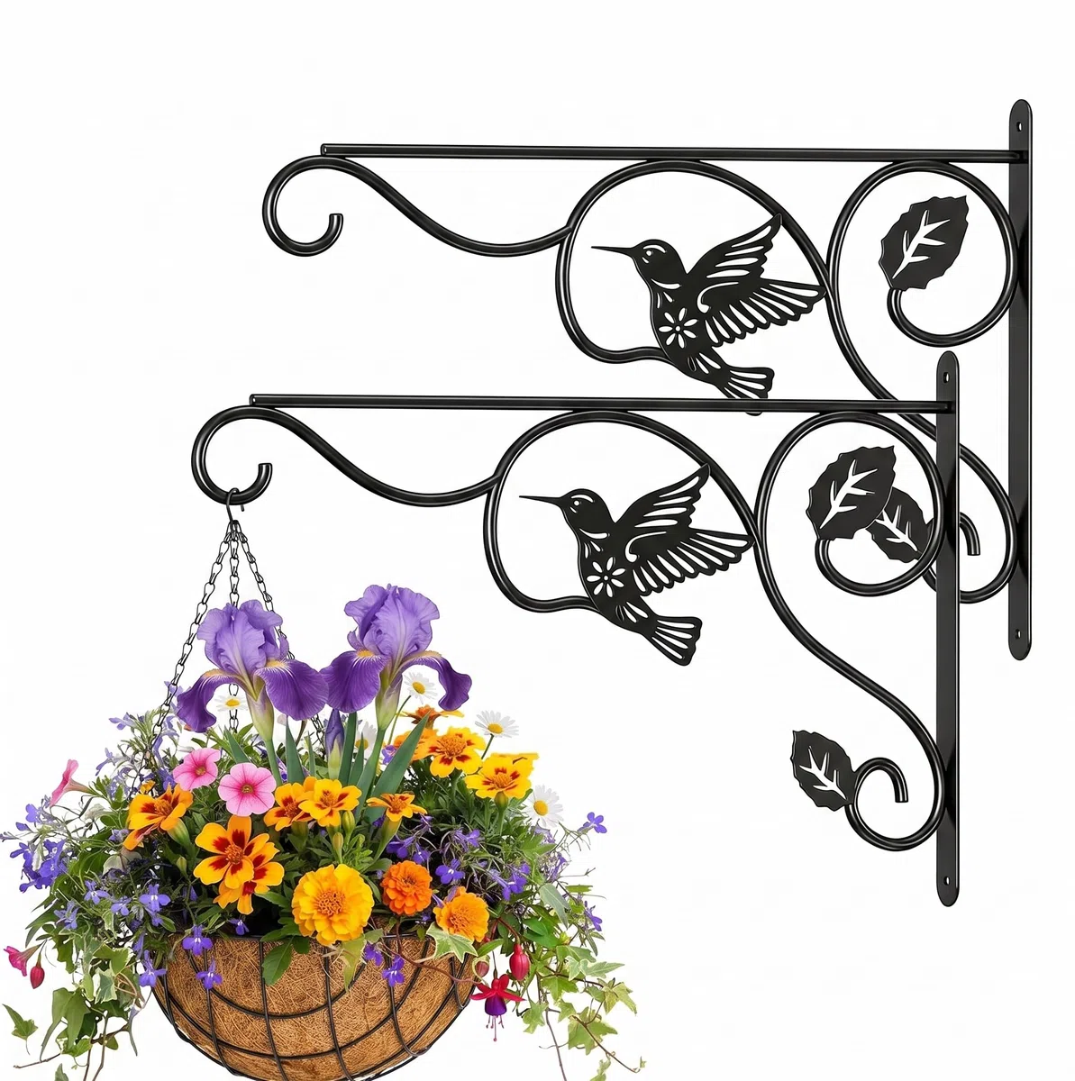 Lot de 2 Supports pour Suspension de Plantes en Métal 30x22cm, Suspension Plante Exterieur avec Motif Oiseau, Crochets et Suspensions pour Plantes, Mangeoires & Lanternes, Noir