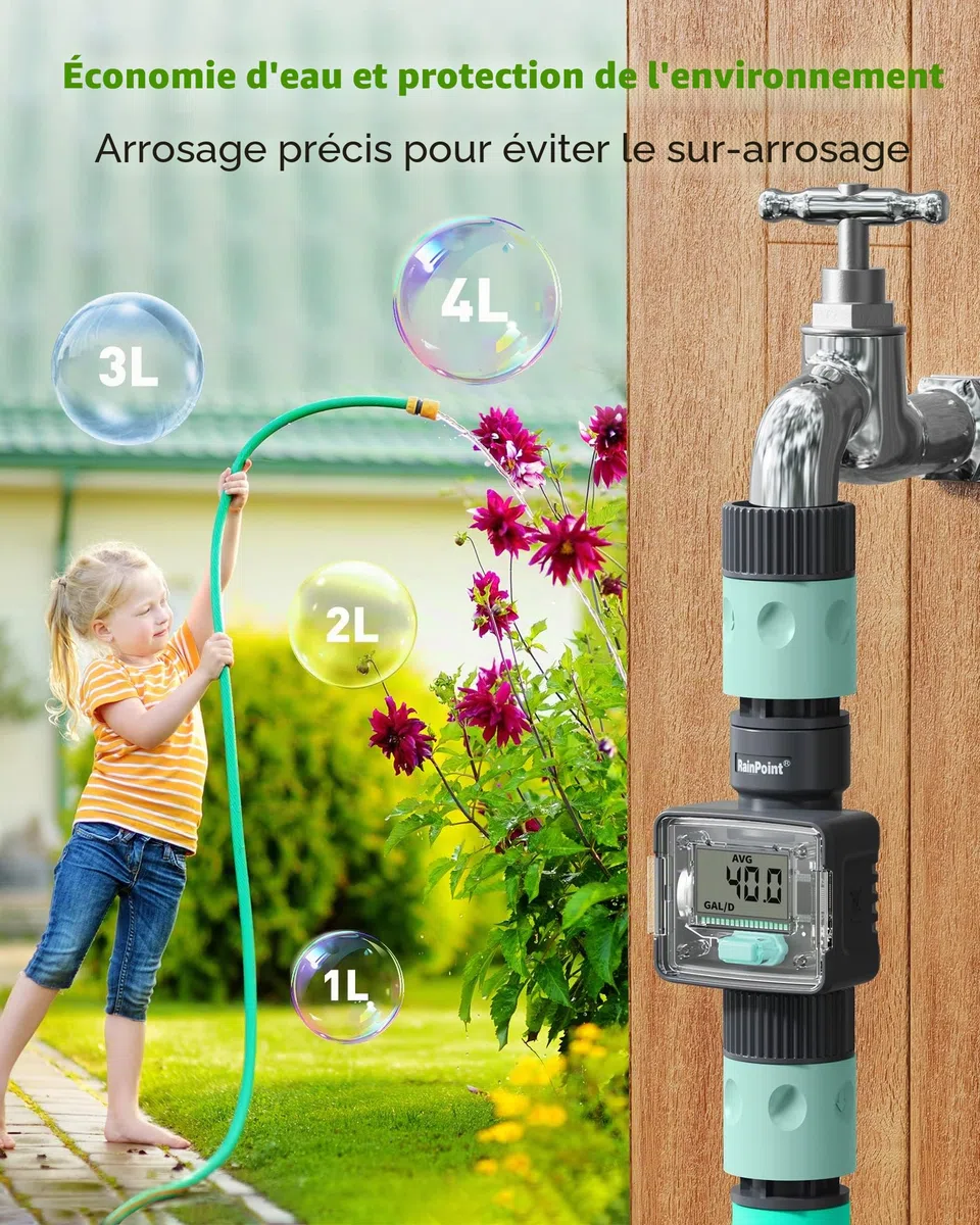RAINPOINT Compteur d'eau, minuterie d'eau Pratique pour Le Jardin, 4 Modes de contrôle de la consommation, alimentés par des Piles
