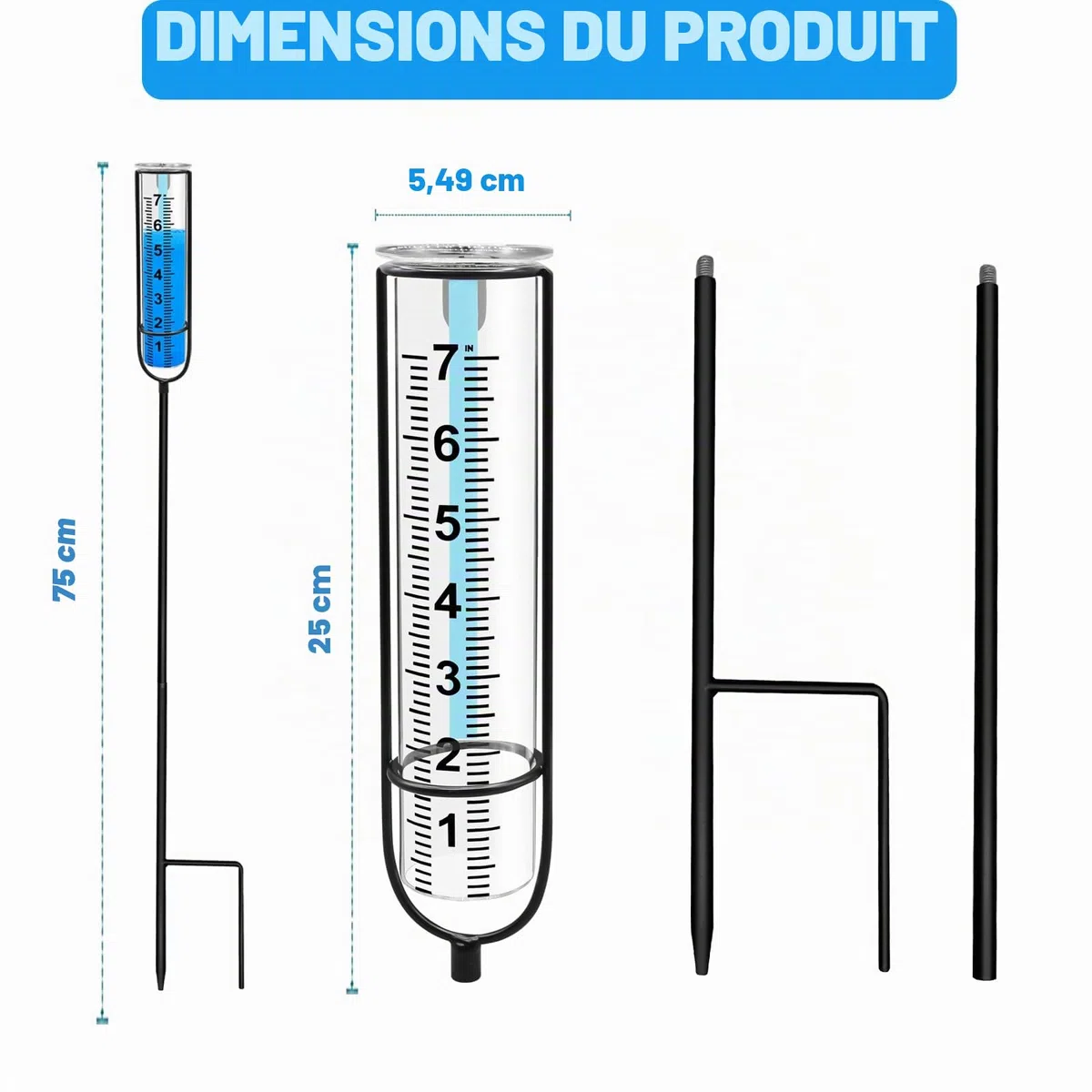 CANIPHA Pluviomètre pour extérieur, étanche au Gel, pluviomètre pour mesurer la Pluie, pluviomètre en Hauteur réglable avec Piquet et Brosse de Nettoyage, pluviomètre en Plastique