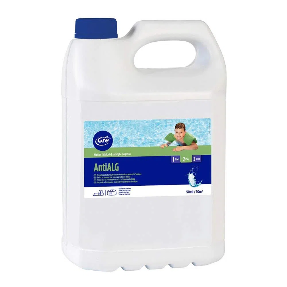 Gre - 76008 Antialgues Concentré Liquide pour Piscines 5L – Traitement Algicide Préventif pour Entretien de l’Eau, Action Prolongée