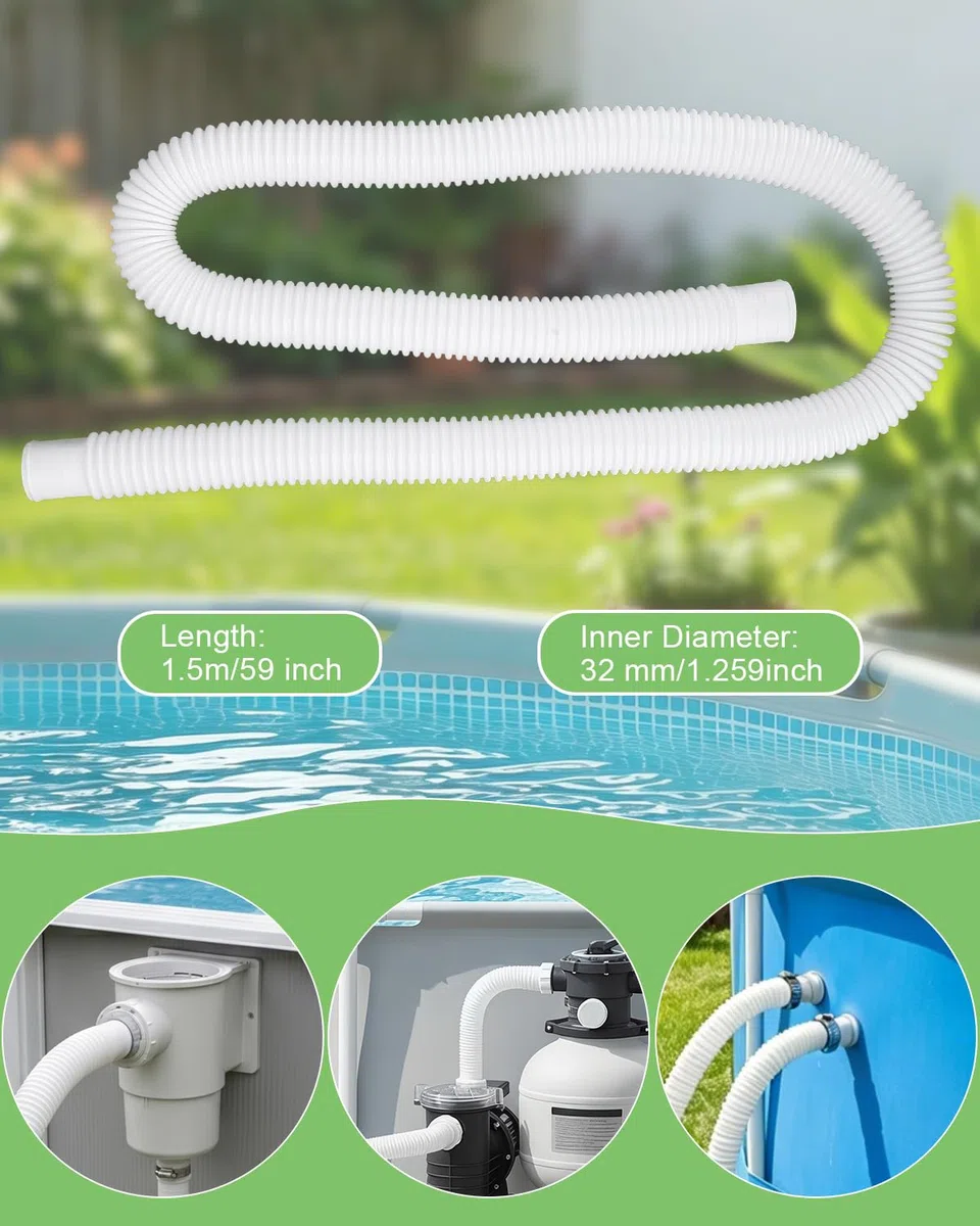 2Pcs Tuyau Piscine 32mm, 150cm Tuyau de Rechange avec 4 clips de fixation et 1 raccord, pour Piscine et Pompe de Filtration