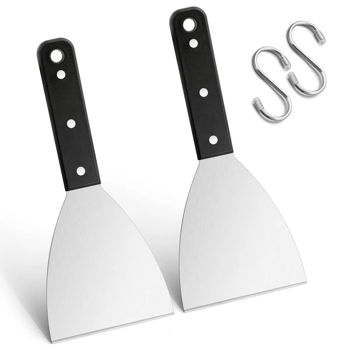 Herogo Lot de 2 grattoirs en acier inoxydable avec poignée noire pour barbecue, hamburger, steak, cuisine, pour griller la viande Teppanyaki, nettoyer la poêle à griller, durable et passe au