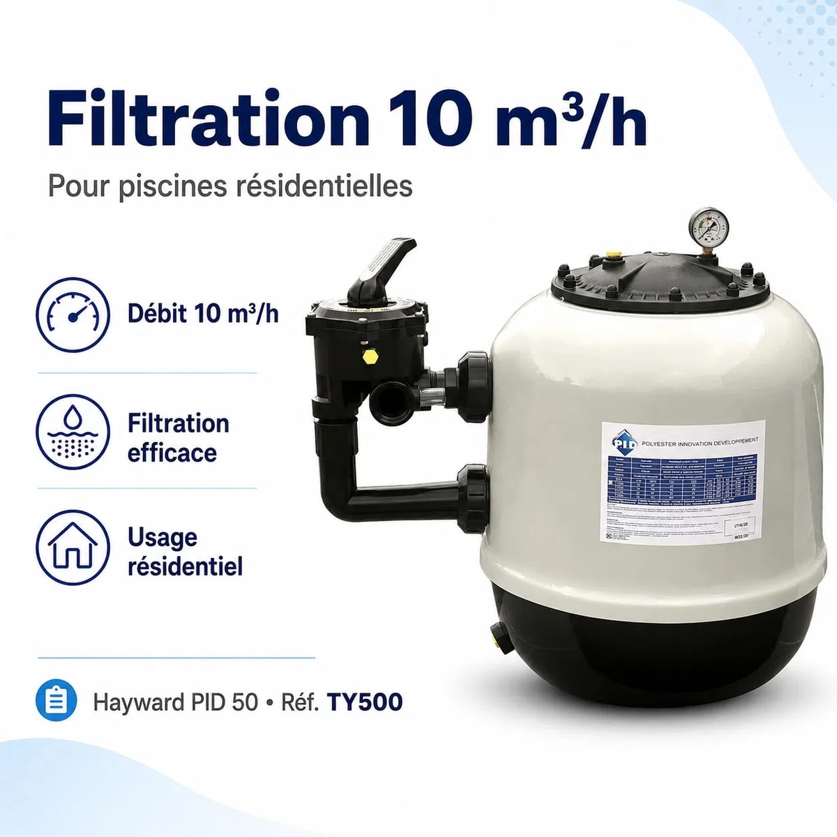 Hayward Filtre à Sable Piscine 10 m³/h – PID 50, vanne 6 Voies Side