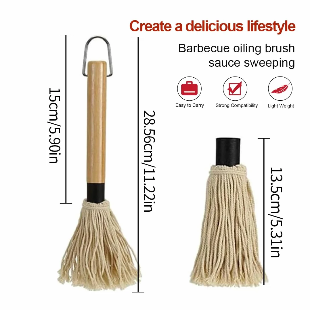 WUSJCOF Pinceaux pour Barbecue, 1 pièce, Brosse Professionnelle Sauces et Marinades, Manche en Bois Long (18 cm), 2 de Rechange Supplémentaires, BBQ MOP Cuisson et Cuisine Badigeonner