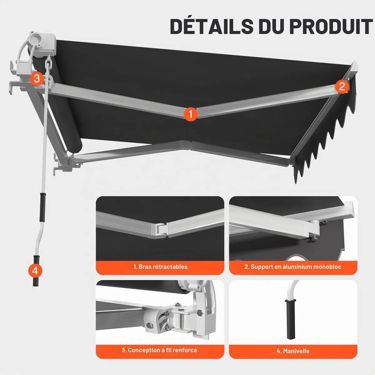 Store Banne Manuel 2.5x2M, Auvent Réglable Aluminium, Store avec Manivelle à Bras Articulés, Anti-UV, Résistant au Vent, Inclinaison réglable, Facile à Installer, pour Terrasse et Balcon, Gris Foncé