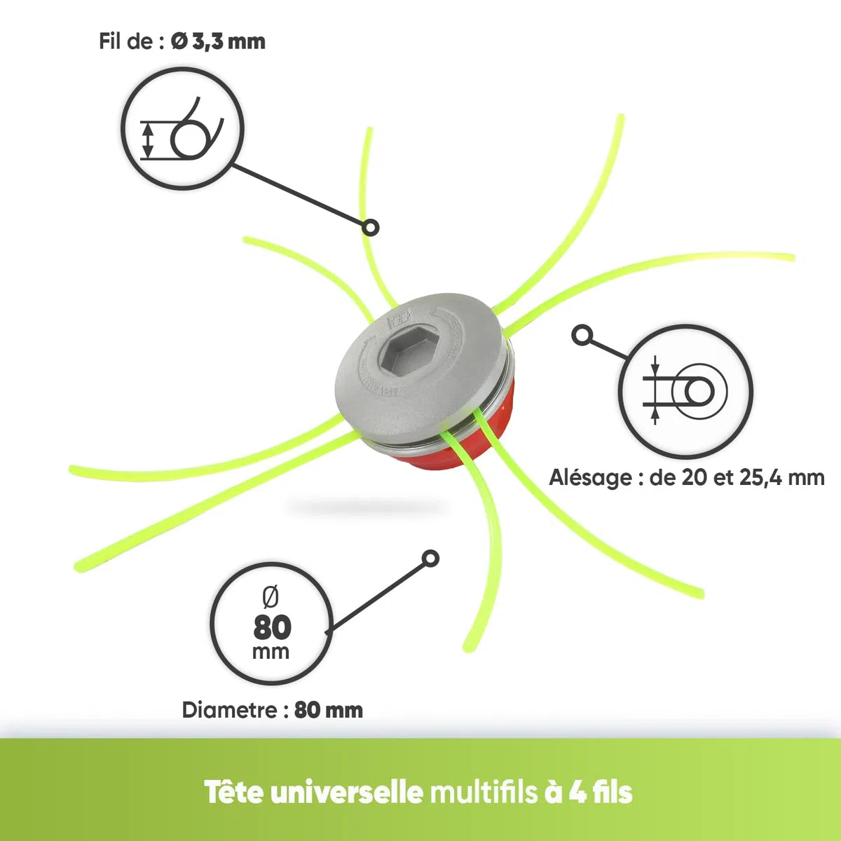 GREENSTAR - Tête Multifills Universel 4 Fils En Aluminium Pour Débroussailleuse Ou Coupe-Bordures Avec Alésage De 20 et 25,4mm - Pour Fil Nylon Ø 3,3
