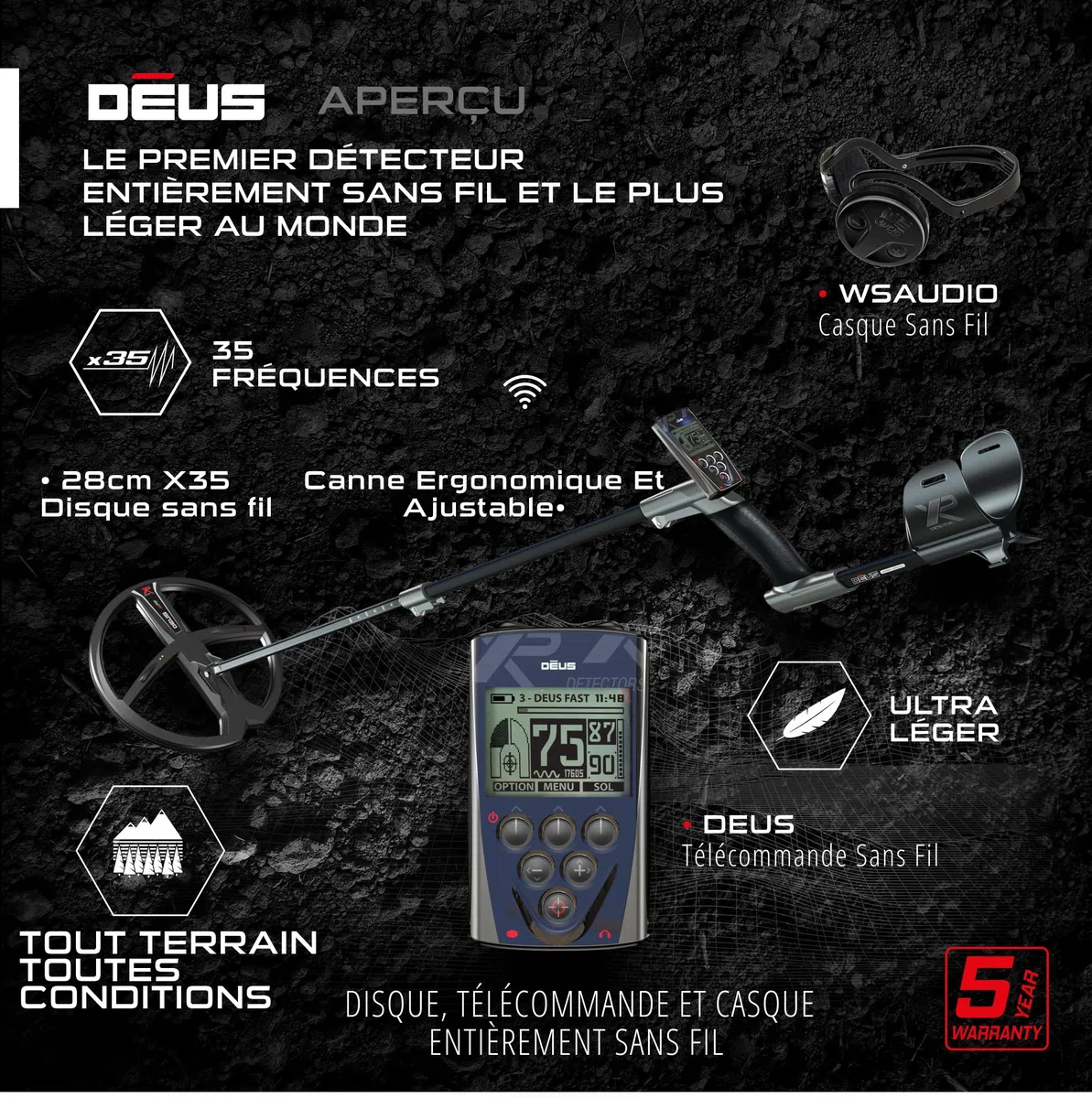 XP Metal Detectors Deus - avec Casque WSAUDIO - Étanche et entièrement sans Fil, idéal pour la Recherche de trésors et de reliques - Disque X35 de 28cm, télécommande et Canne S-Telescopic