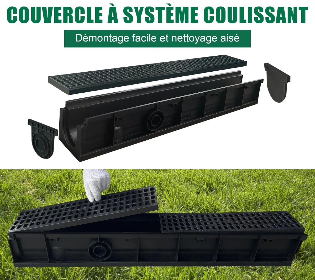 Lot de 3: 1000 x 155 x 138 mm Caniveau Terrasse en PEHD Noir avec Grille, A15 caniveau extérieur de Drainage en PEHD, 3m, pour l'allée, Le Jardin, la terrasse, Le Cour
