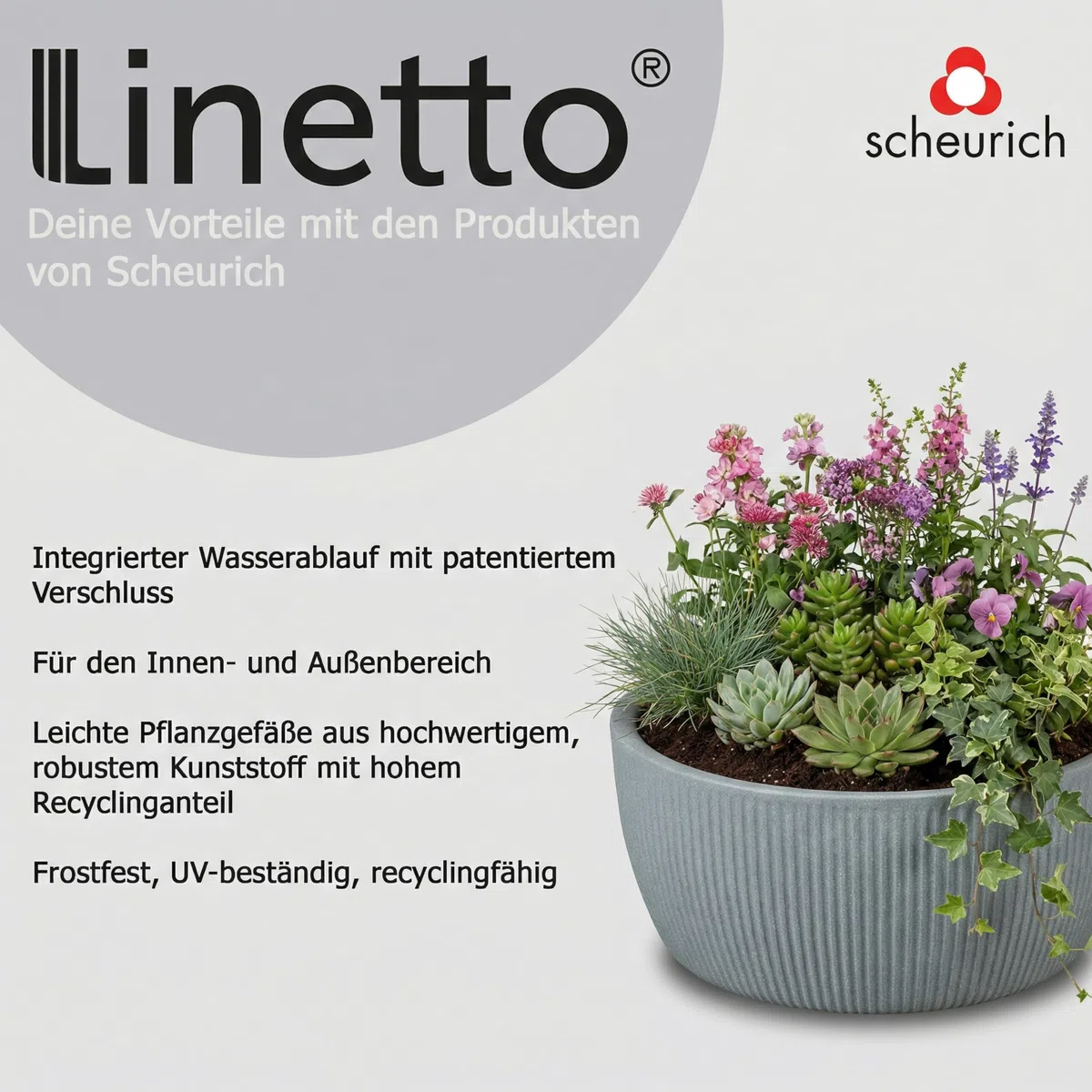 Scheurich Linetto Bowl 40 Pot de Fleurs Rond en Plastique recyclé Gris Pierre Utilisation en extérieur