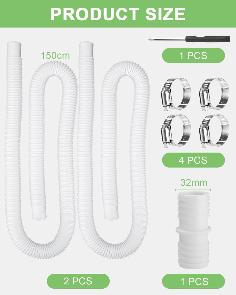 2Pcs Tuyau Piscine 32mm, 150cm Tuyau de Rechange avec 4 clips de fixation et 1 raccord, pour Piscine et Pompe de Filtration
