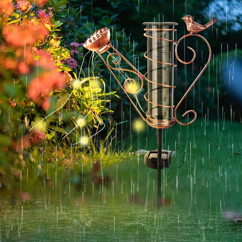 Pluviometre Exterieur Jardin, Pluviometre Exterieur Resistant Gel avec Piquet en Métal, Solaire Pluviomètre en Verre avec Lumière, Pluviomètres pour Jardin, Cour, Terrasse, Allée de Pelouse
