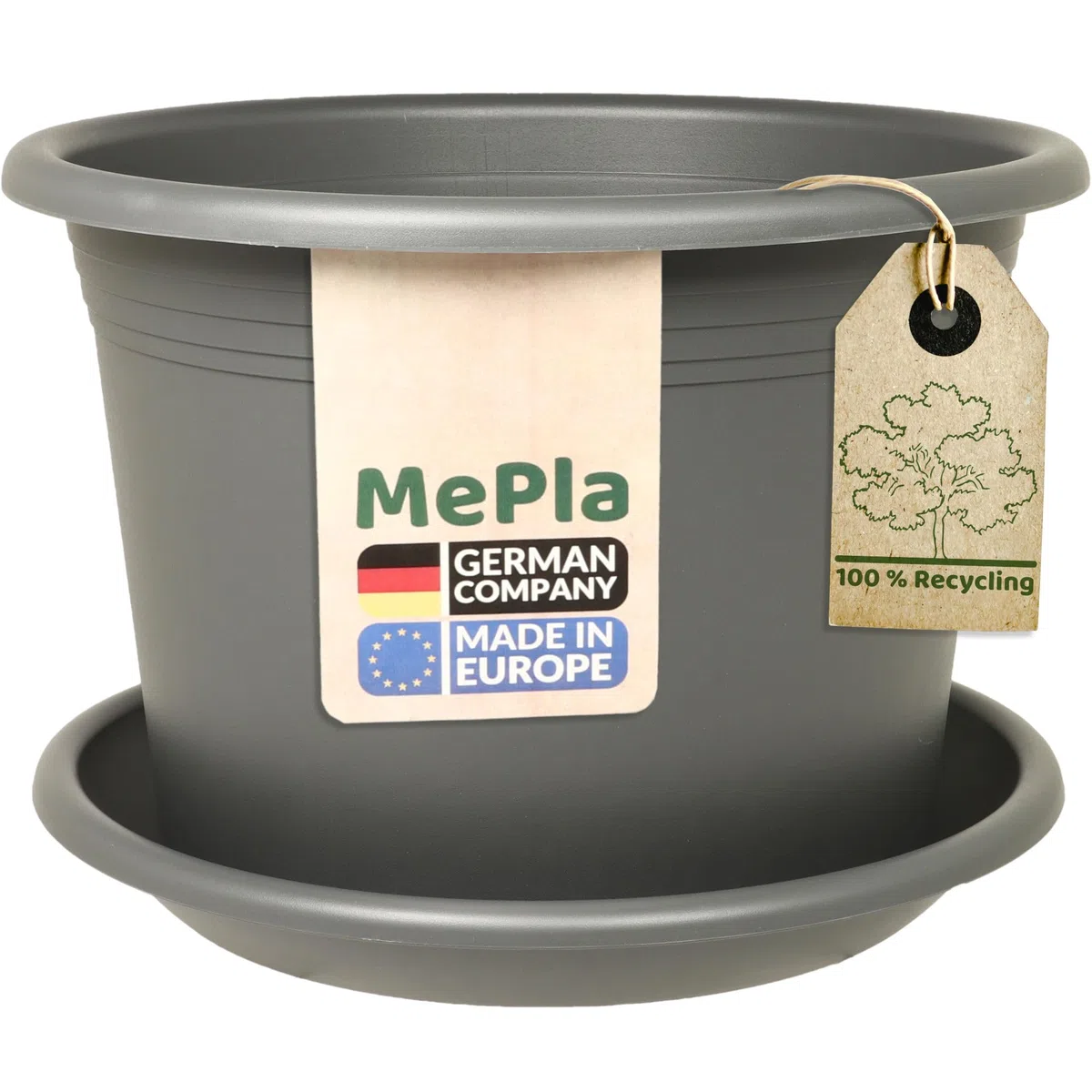 MePla - Pot de fleurs cylindrique Ø 25 cm + soucoupe Ø 24 cm, anthracite, résistant aux intempéries en plastique résistant aux UV