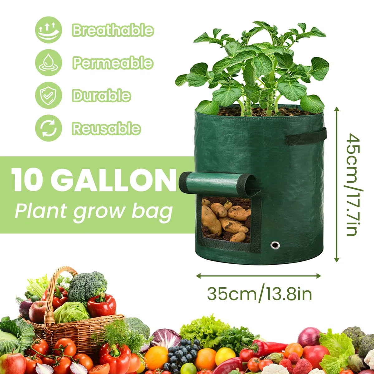 4 Pièces Sacs de Plantation de Pommes de Terre, 10 Gallons Sacs Culture Plantes Respirant, Sacs à Plantes avec Poignée et Fenêtre d'observation pour Pommes de Terre, Carottes, Tomates