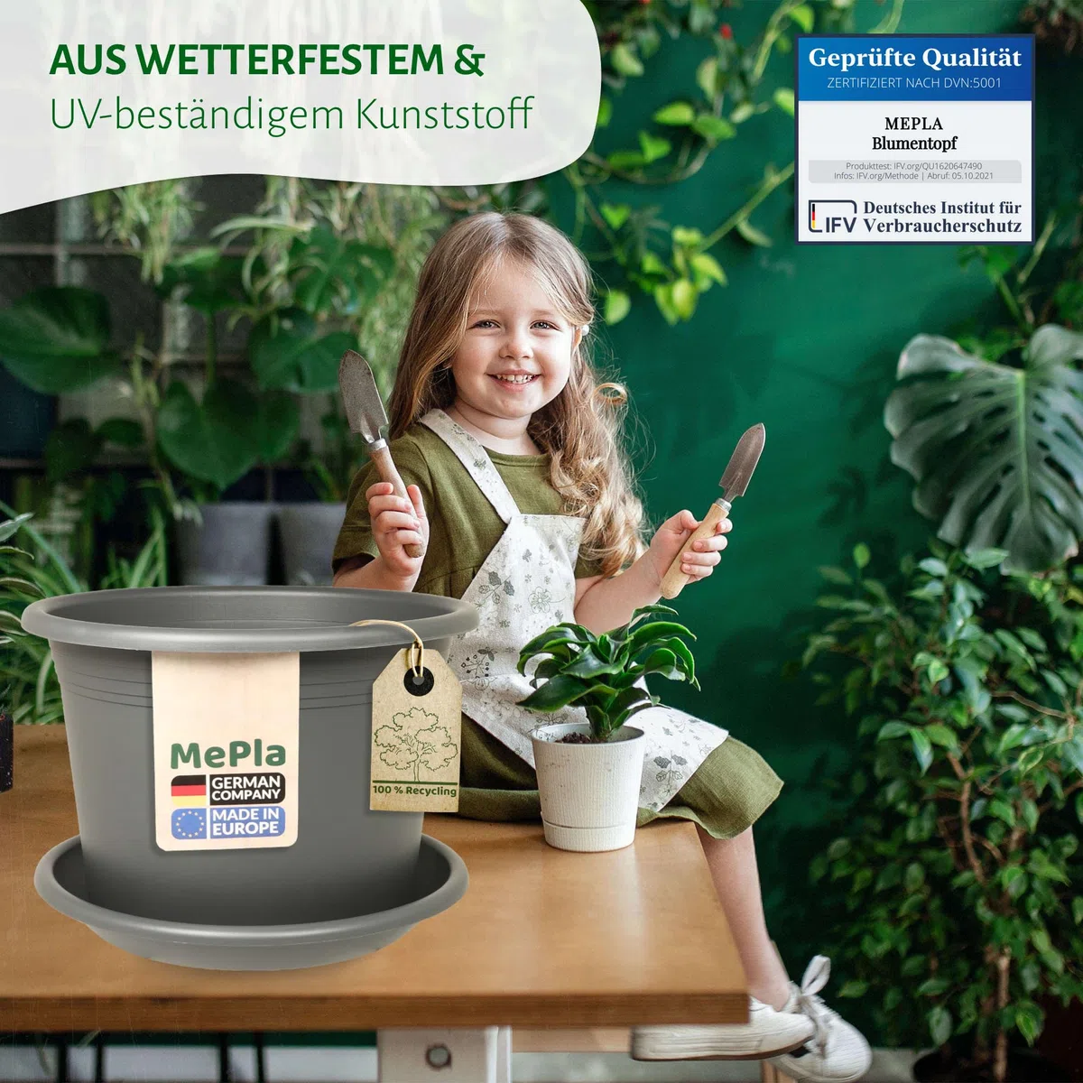 MePla - Pot de fleurs cylindrique Ø 25 cm + soucoupe Ø 24 cm, anthracite, résistant aux intempéries en plastique résistant aux UV