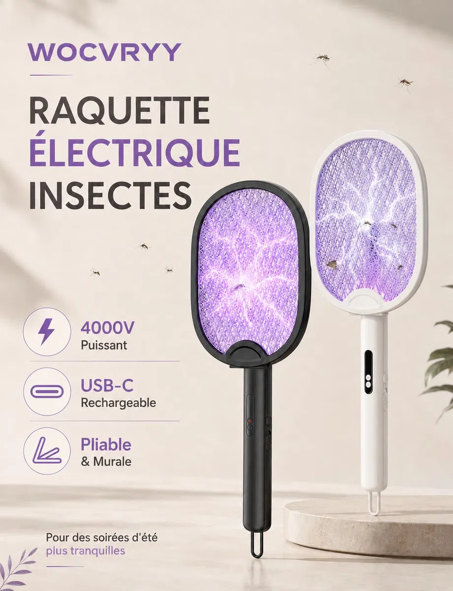 WOCVRYY Raquette Moustique Electrique Insectes 4000V - Pliable USB-C Rechargeable 1800mAh Electric Insect Racket Tapette à Mouche Électrique Murale - Noir