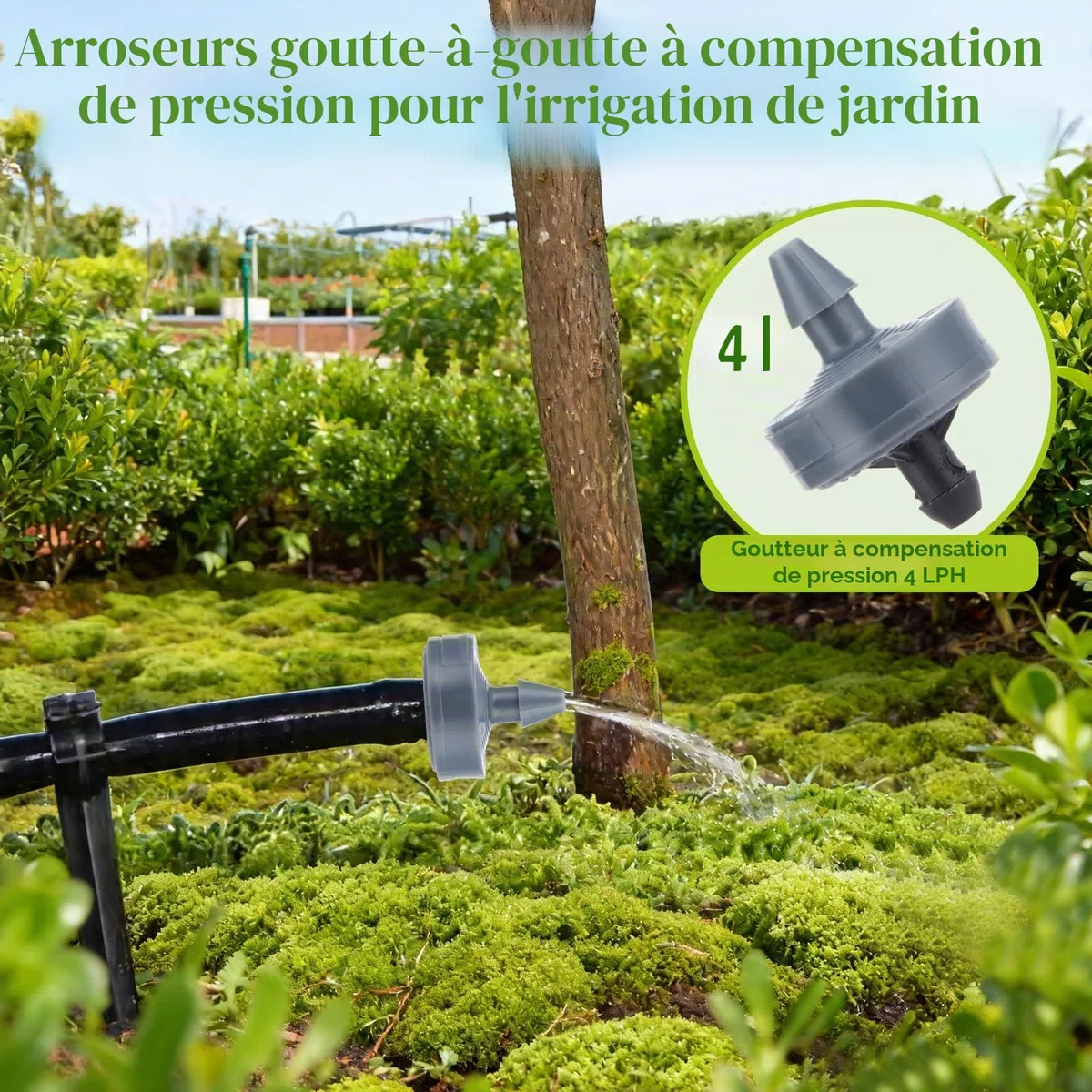 Buachois 100 Pcs émetteurs de Goutte à Goutte Compensateurs, 4L Pression Goutteur D'irrigation à Compensation, Stabilisateur de Débit D'irrigation de Jardin Détachable pour Tuyau ID 4 mm OD 7 mm