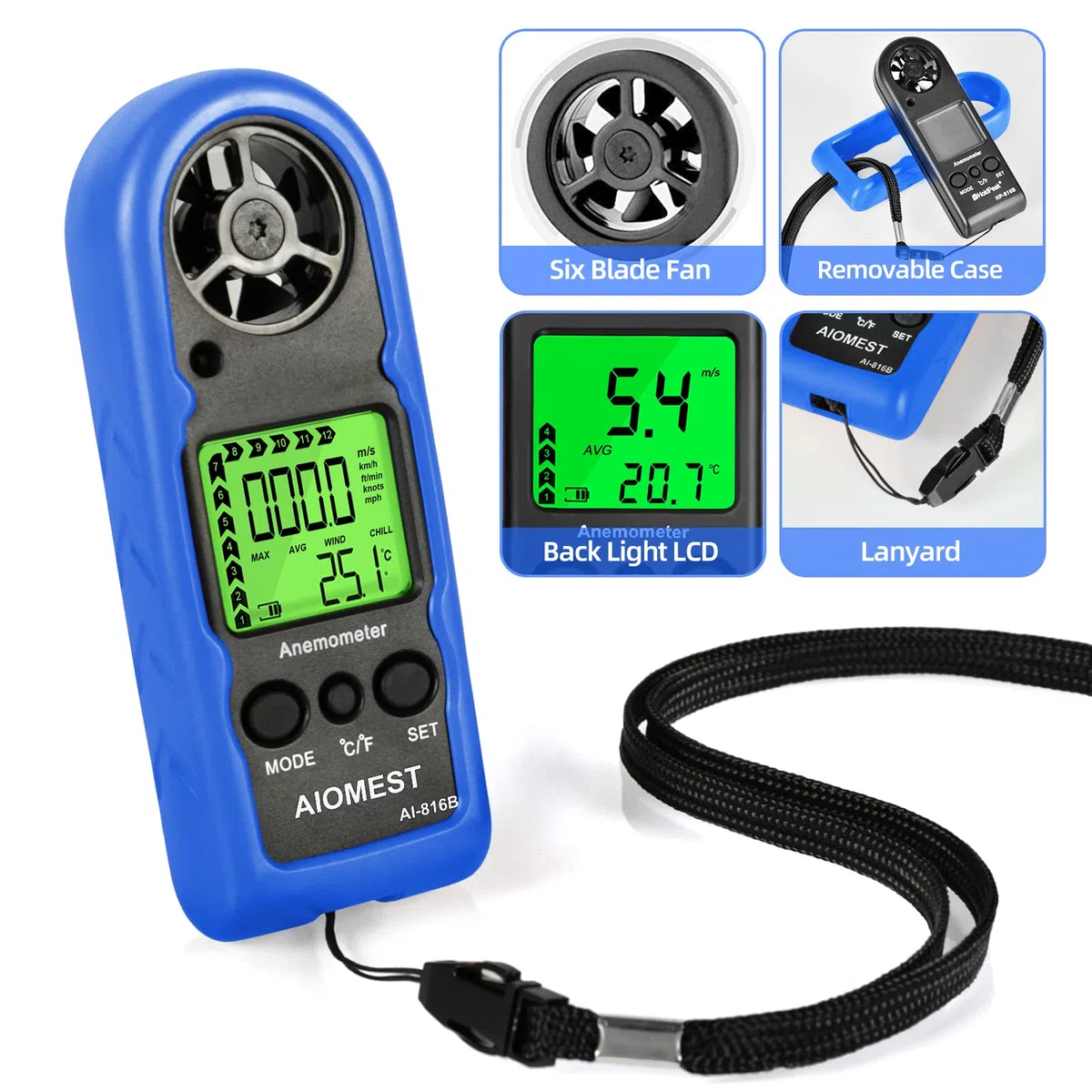 Anémomètre Numérique Portable AIOMEST AI-816B - Mini Anémomètre de Poche Mesure Vitesse du Vent 90km/h, Température- Haute Précision ±5% - Pour HVAC, Voile, Tir, Drone, Golf, Randonnée