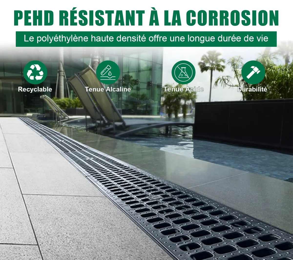 Lot de 3: 1000 x 155 x 138 mm Caniveau Terrasse en PEHD Noir avec Grille, A15 caniveau extérieur de Drainage en PEHD, 3m, pour l'allée, Le Jardin, la terrasse, Le Cour