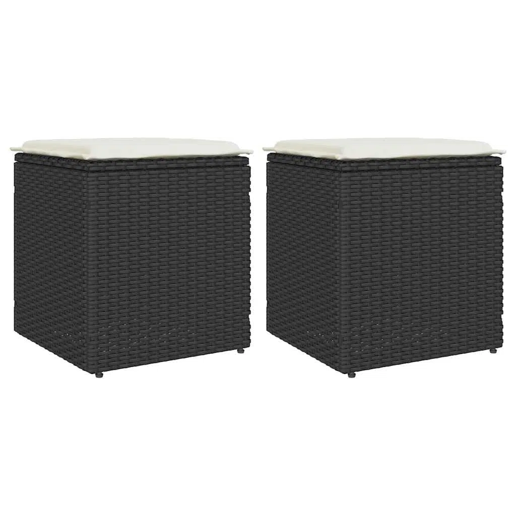 Lot de 2 tabourets de jardin avec coussins, noir, 40 x 40 x 43 cm, en rotin synthétique, résistant aux intempéries, espace de rangement, pour extérieur, terrasse, balcon, avec rembourrage et