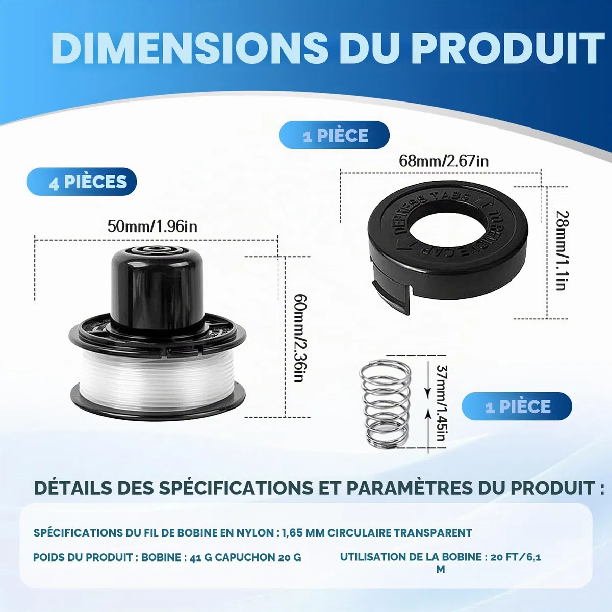 Bobine Fil Coupe Bordure Compatible avec A6226-XJ A6226 RS-136-BKP RS-136,Convient pour Black+Decker GL250,GL310,GL360,GL360SB,CST500,CST800,Ø1,65mm-6,1m(4 Bobine+1 Couvercle+1 Ressort)