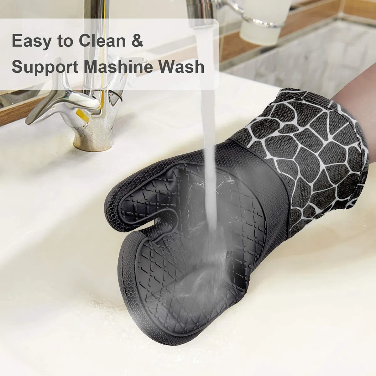 Silicone Gants de Cuisine, Gants de Barbecue Résistant à Chaleur 1 Paire et 2 Maniques, Parfait pour Grill BBQ Cuisine Four de Cuisson (Black)