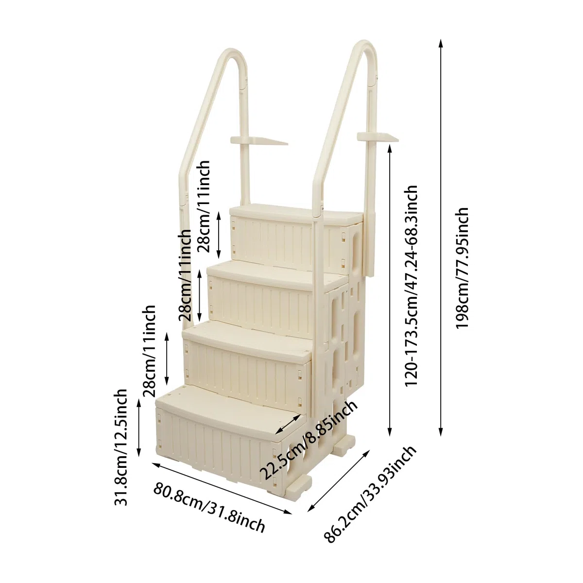 Échelle de piscine avec 2 mains courantes (hauteur réglable), capacité de charge de 181 kg, escalier de piscine en plastique antidérapant en polyéthylène haute densité pour piscines encastrées