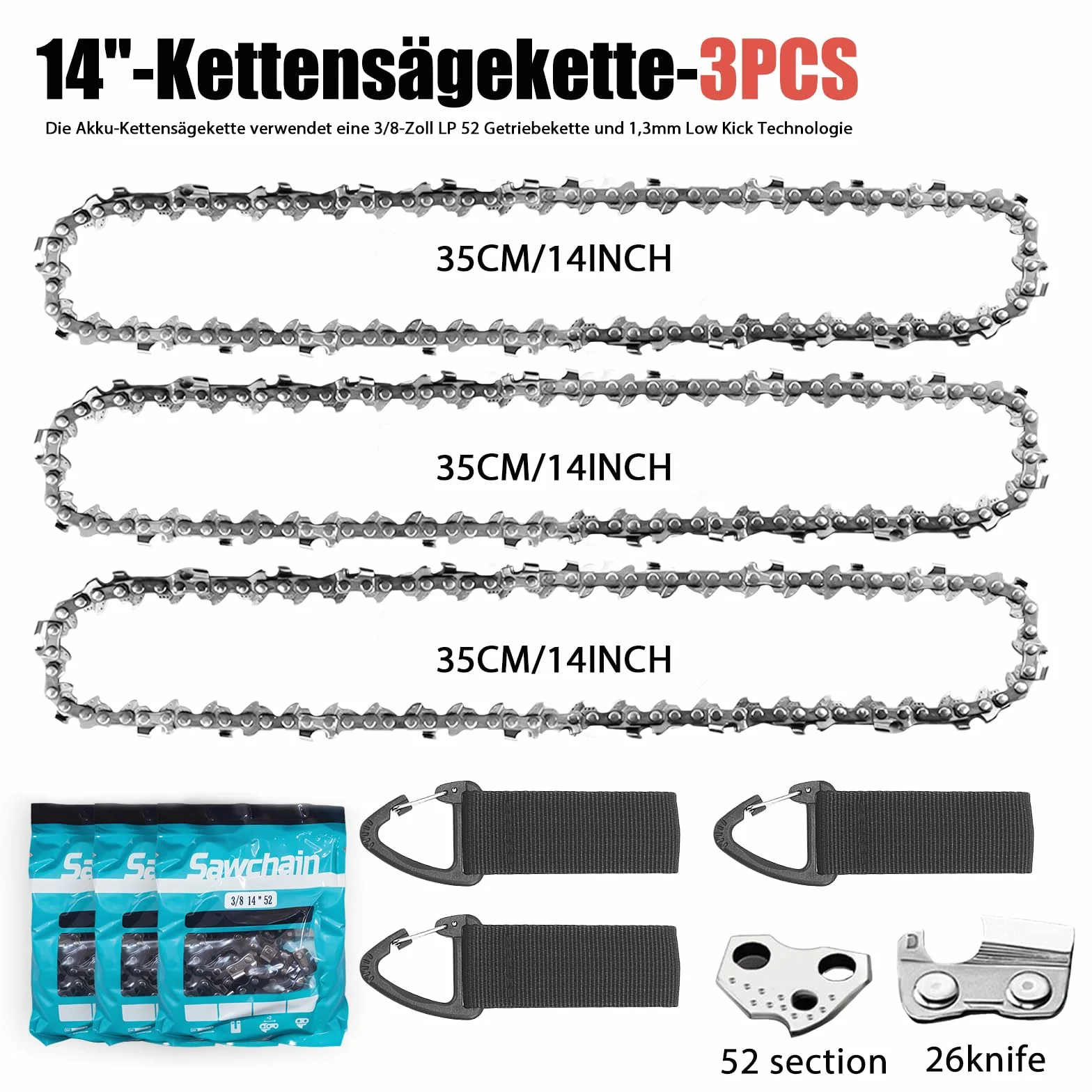 3 x Chaîne Tronçonneuse 35 cm, 3/8" LP 52 Maillons, Jauge 1,3 mm – Chaîne de Rechange Antirebond pour Guide 14 Pouces, Compatible avec Husqvarna Dolmar Einhell Makita Hitachi Oregon