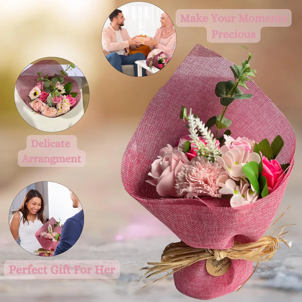Bouquet de fleurs de savon debout rose – Cadeau de Saint-Valentin et de fête des mères pour femme, elle et vos proches