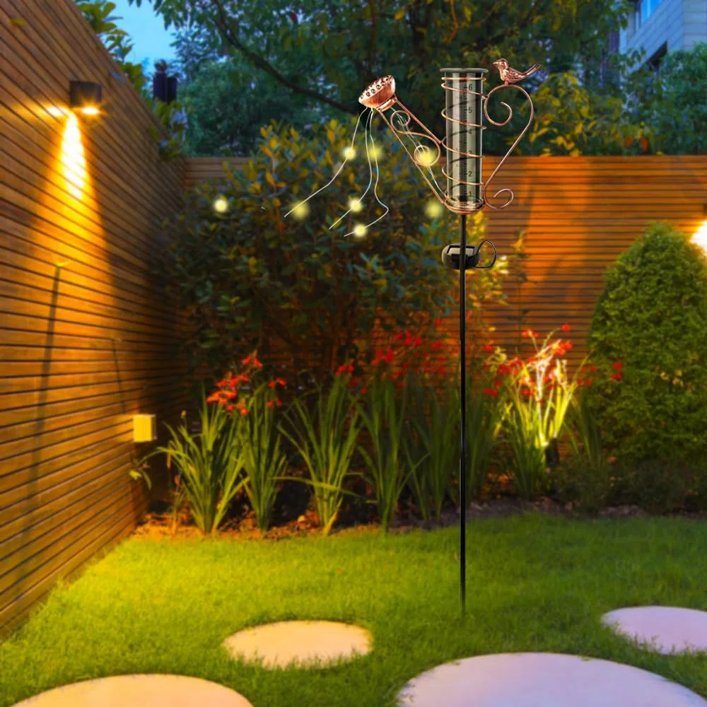 Pluviometre Exterieur Jardin, Pluviometre Exterieur Resistant Gel avec Piquet en Métal, Solaire Pluviomètre en Verre avec Lumière, Pluviomètres pour Jardin, Cour, Terrasse, Allée de Pelouse