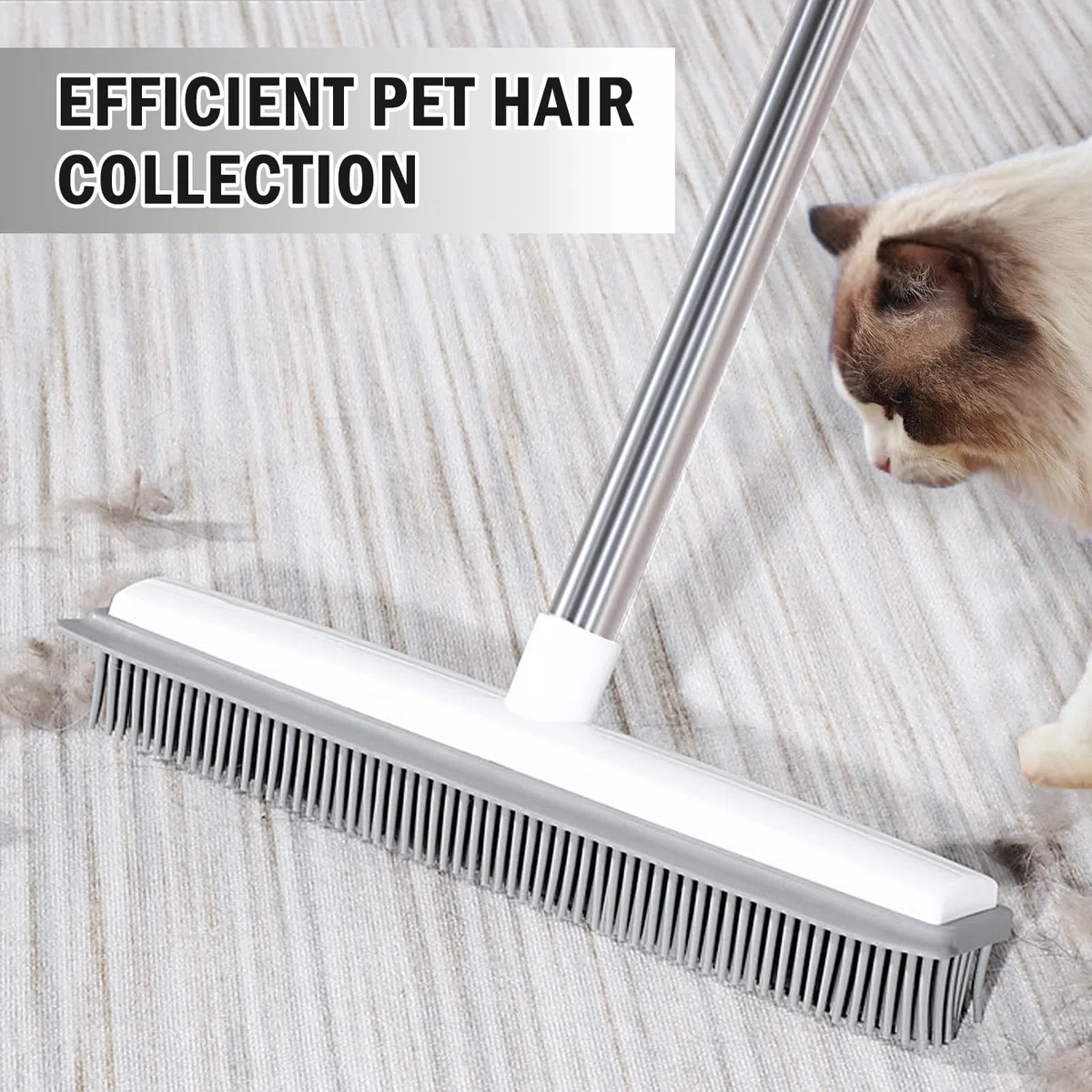 Balai Sol avec Manche Long 130 cm, Balai Caoutchouc 2-en-1 avec Raclette à Eau, Élimine Les Poils de Chien et Chat pour Tapis, Parquet, Carrelage et Fenêtres